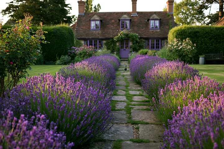 A country house surrounded by hedges features a stone pathway lined with lavender flowers.
