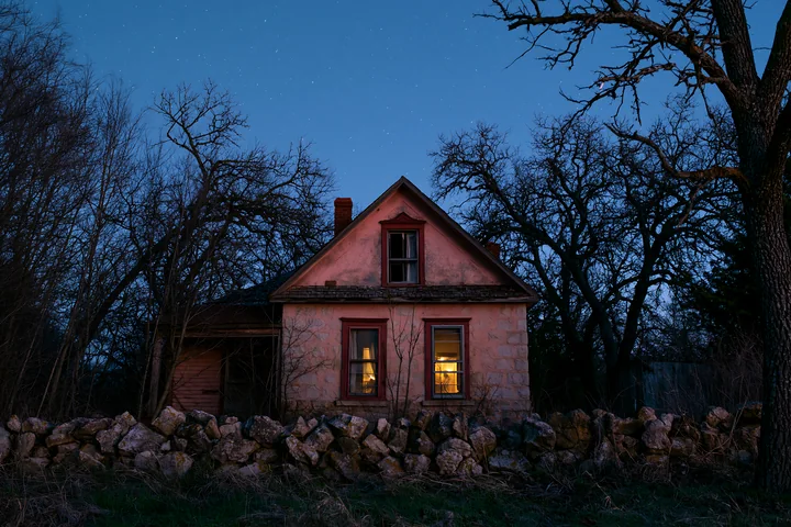 A country house under starry sky stands quietly among trees and rocks.