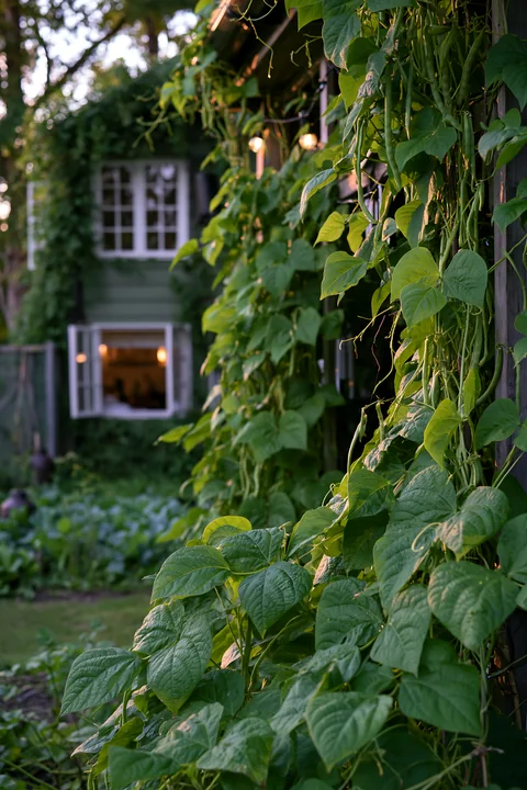 A country house with a vegetable garden shows healthy green plants climbing up a structure.
