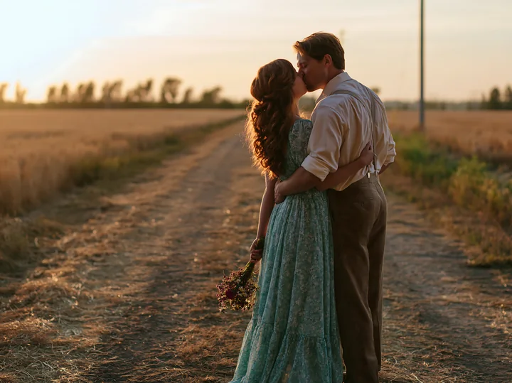 A couple is kissing on a country road at sunset.