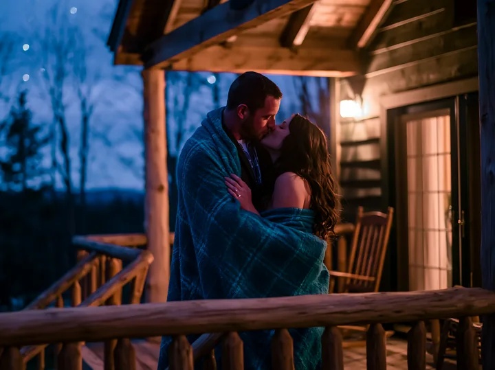A couple kisses beneath the stars while wrapped in a blanket on a wooden porch.