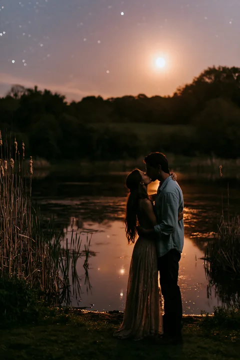A couple kisses under stars beside a lake at sunset.