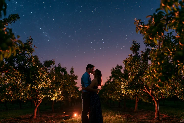 A couple kissing under stars during a romantic date in an orchard at night, surrounded by trees.