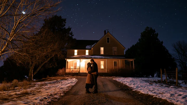 A couple kissing under stars wearing warm coats stands in front of a house at night.