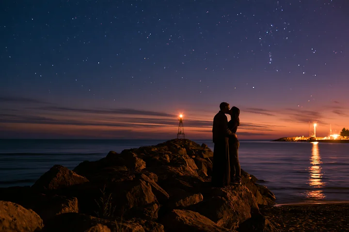 A couple shares a kiss silhouetted against a starry sky at the beach.