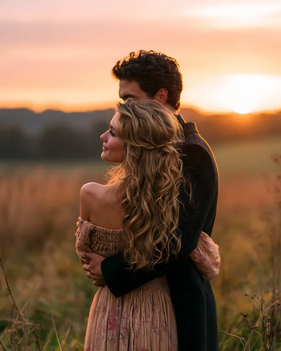 A couple stands close together, their arms wrapped around each other, as the sun sets behind them.