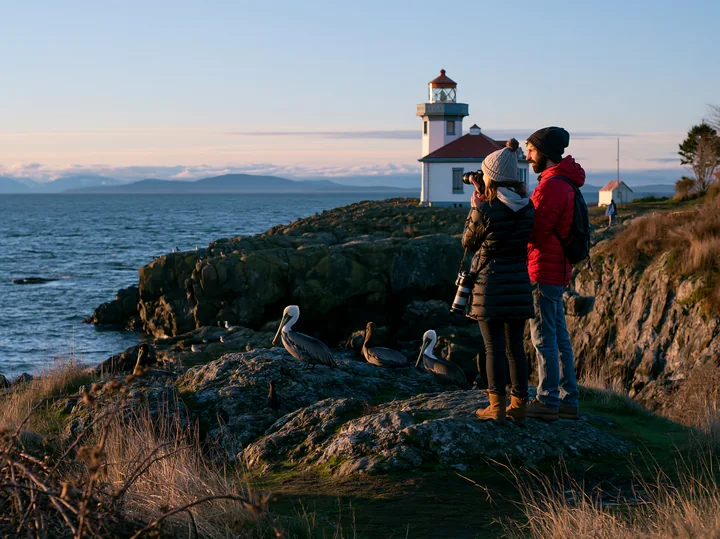 A couple stands on rocky terrain near the coast, taking in the view of a lighthouse as the sun sets over the water.