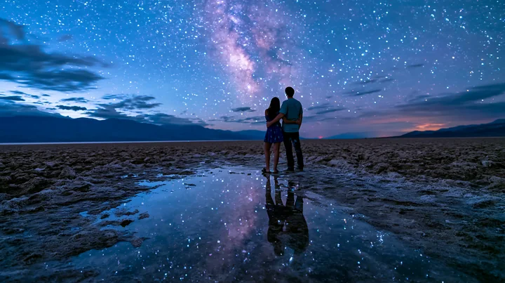 A couple stargazing in a desert at night watches the Milky Way above them.