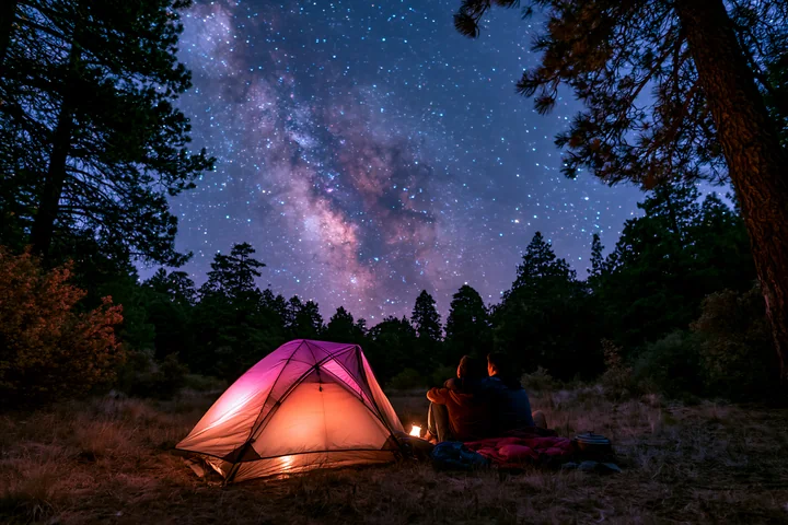 A couple views the Milky Way from a forest clearing at night while sitting by a glowing campfire.