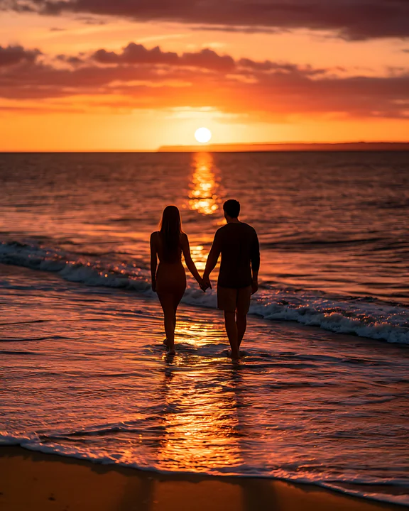 A couple walks hand in hand along the shoreline as the sun sets over the ocean.