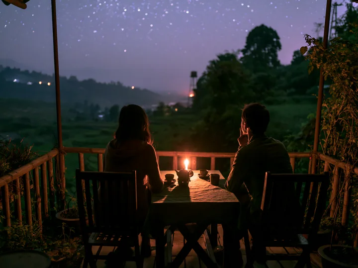 A couple watching stars from a balcony sits at a table with a candle.