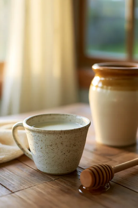 A cup of cream is placed next to a honey dipper on a wooden table, with a pottery jar in the background.
