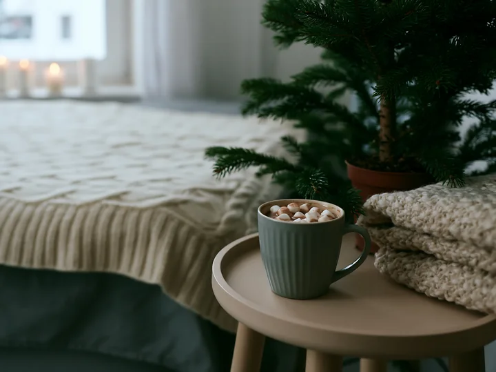 A cup of warm cocoa with marshmallows sits on a stool beside a small tree.