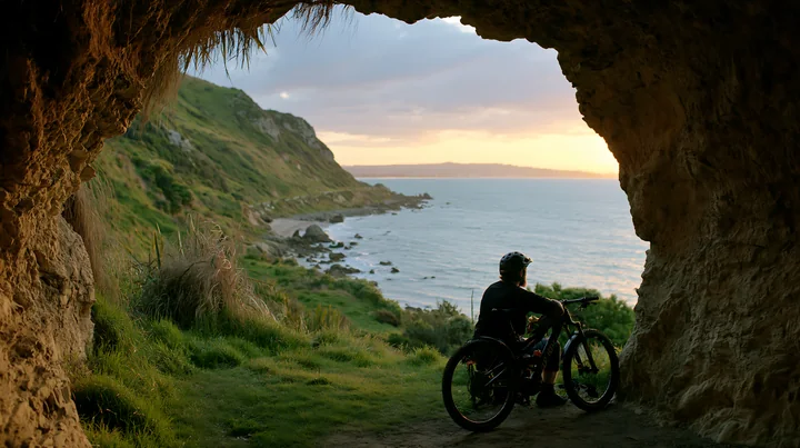 A cyclist sits on a bike while looking out at the coastline viewed through sea cave.