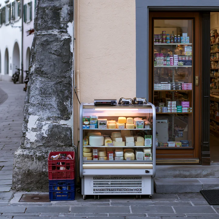 A dairy products shop on a pedestrian street features a display of various cheeses.