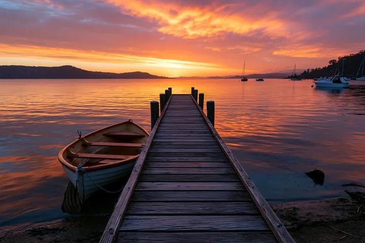 A dock extends into the water at sunset.
