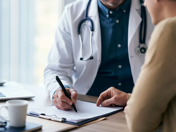 A doctor consulting with a Parkinson's disease patient takes notes during their meeting at a desk with a laptop.