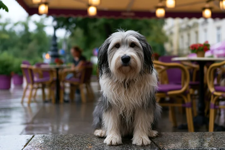A dog sits on the wet ground at an outdoor café surrounded by tables and chairs.
