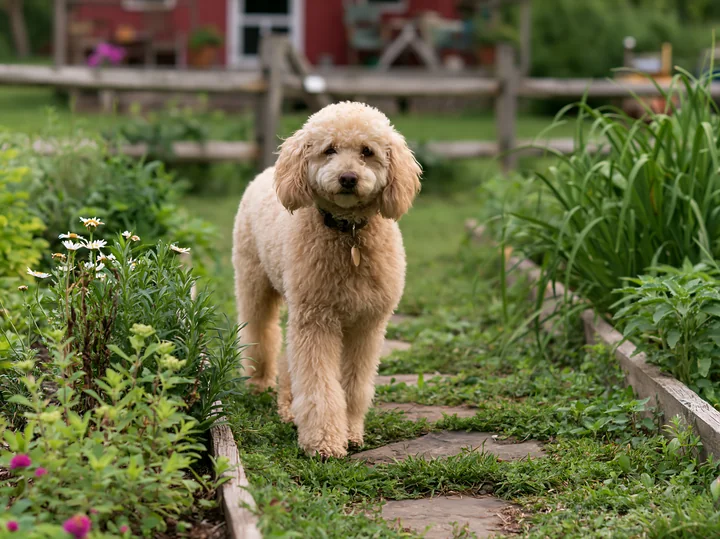 A dog walks along a stone path through a garden with flowers, near a rustic cottage.