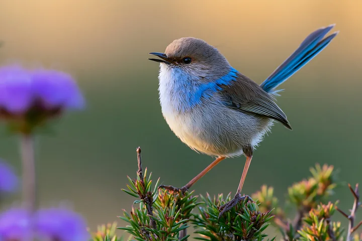 A fairy wren stands on a native shrub, surrounded by colorful flowers.