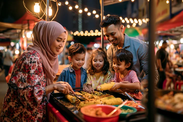 A family at food stalls shares food and smiles during a lively night market.