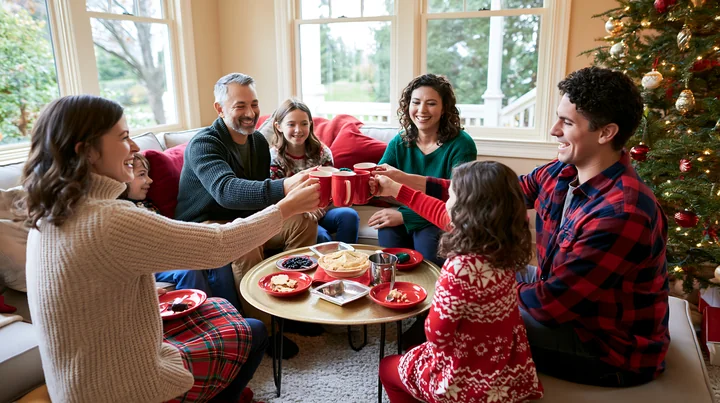 A family enjoys a holiday gathering in a cozy living room, raising mugs while sitting together on a couch.