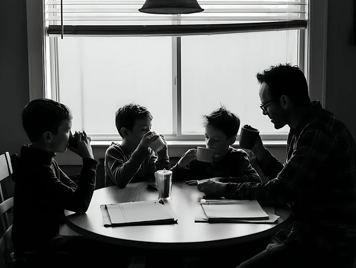A family is gathered around a table, enjoying hot drinks while discussing at home.