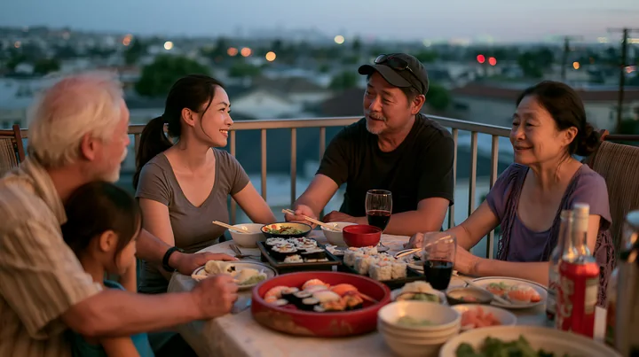 A family sharing sushi dinner on a balcony.
