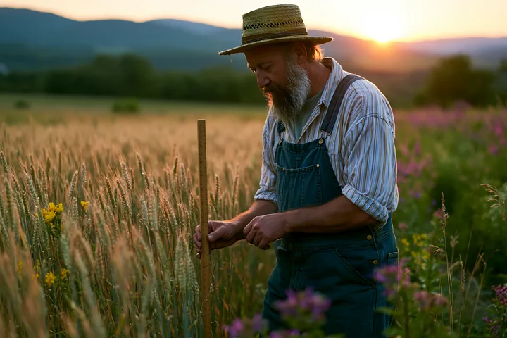 A farmer inspects wheat in a golden field during sunset, surrounded by vibrant flowers and mountains in the background.