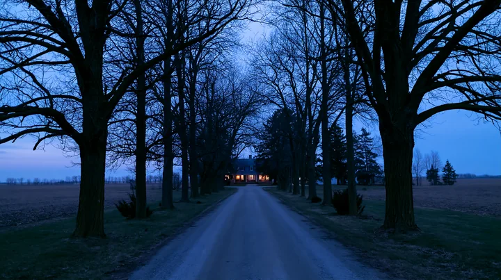 A farmhouse driveway lined with trees leads to a house that glows softly against the backdrop of a twilight sky.