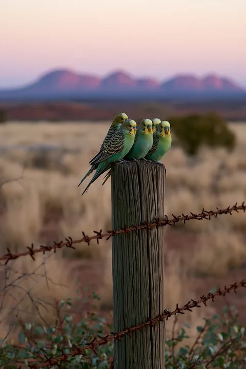 A flock of budgerigars perches on a wooden post in a desert landscape at sunset.