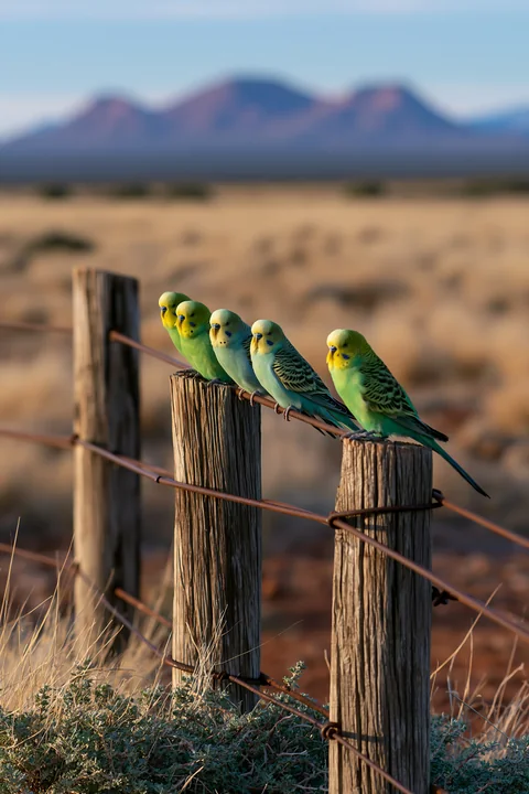 A flock of budgerigars sits on wooden posts in a desert setting near mountains.