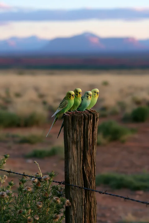 A flock of budgerigars stands on a wooden post in a vast desert landscape.