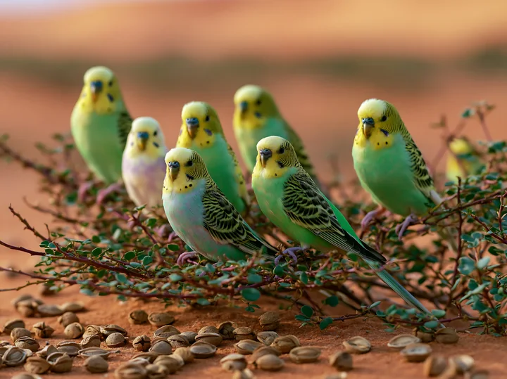 A flock of colorful budgerigars perches on thorny vegetation in a sandy desert landscape.