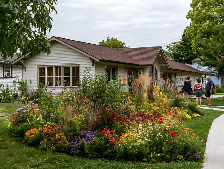 A flower bed with many bright blooms surrounds a house under a cloudy sky.