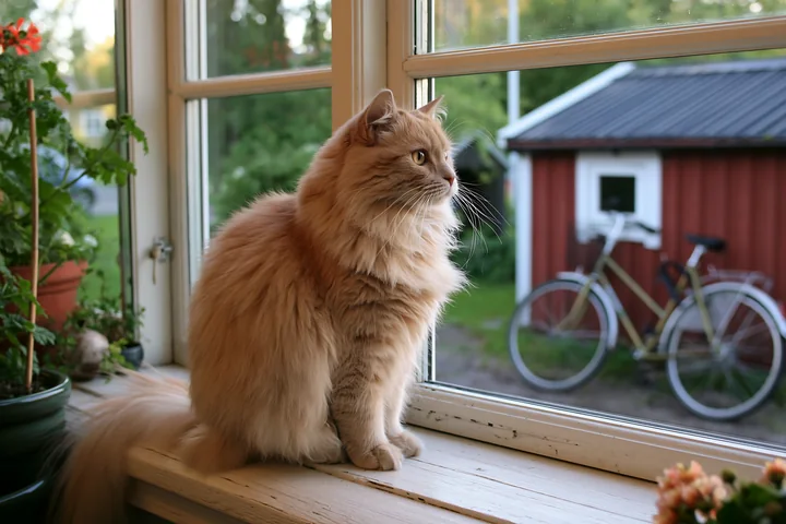 A fluffy cat looks out from a country house windowsill.