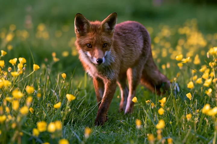 A fox walks through a meadow filled with yellow flowers in the afternoon light.
