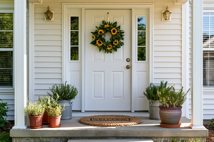 A front door with wreath and welcome doormat is seen at a home entrance.