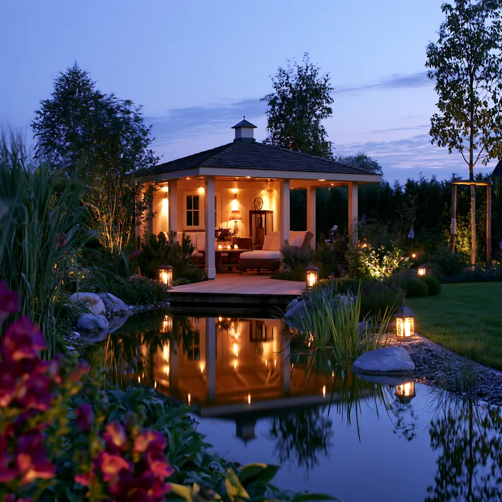 A garden pavilion stands next to a pond, illuminated by lanterns as the sun sets.