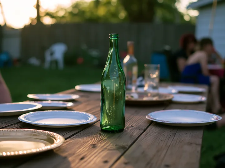 A green empty bottle stands on a wooden table surrounded by plates during a backyard gathering.