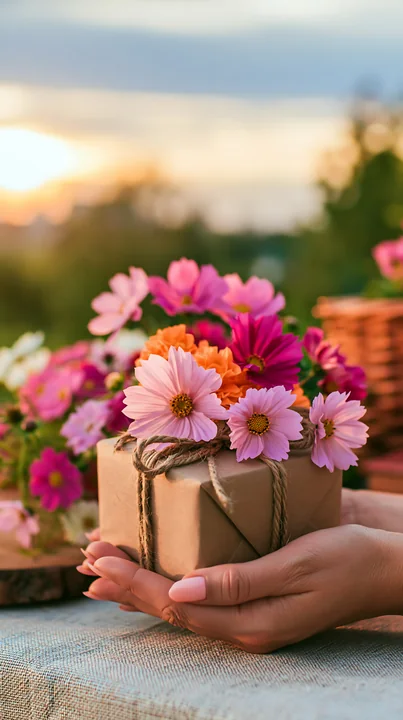 A hand holds a blank gift box decorated with colorful blossoms in a softly blurred garden at sunset.