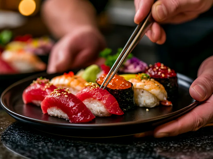 A hand is using chopsticks to pick up a piece of sushi from a large plate featuring a premium sushi selection.