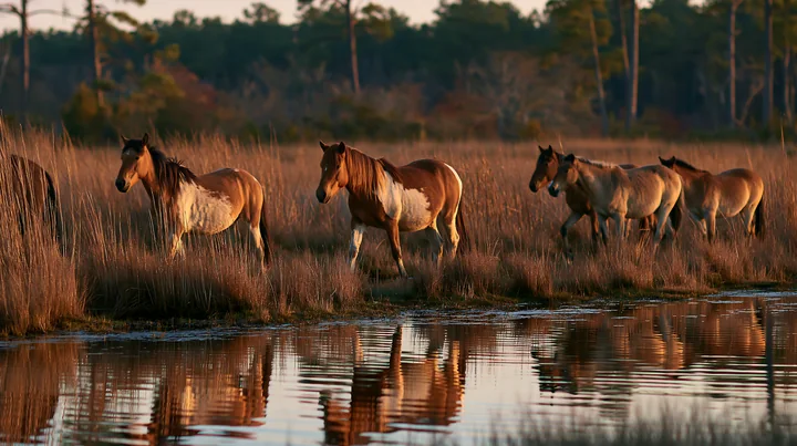 A herd of wild horses walks along the edge of a stream in a wetland area during autumn.
