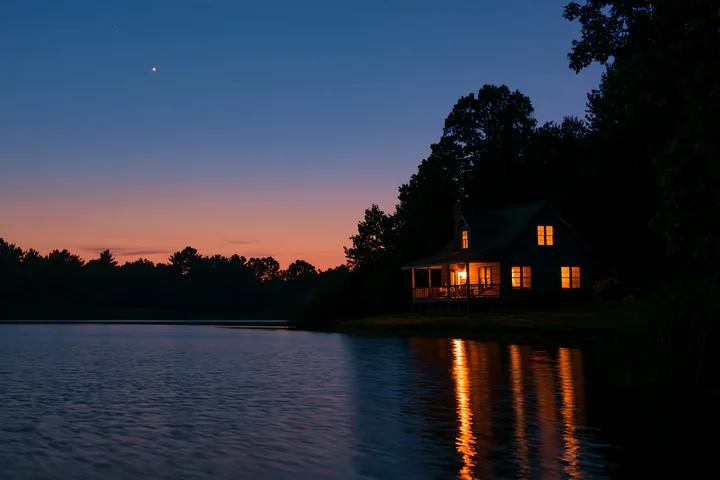 A holiday home under stars stands near a lake as the sun sets, reflecting warm light on the water.