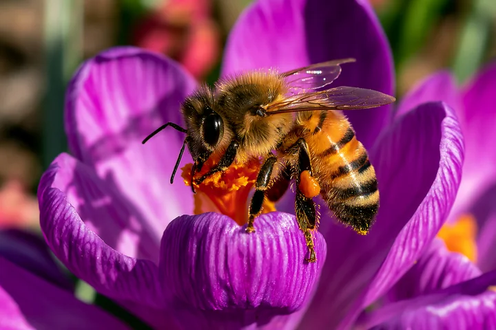A honey bee crawling on a petal of a purple crocus flower collects pollen in a garden setting during spring.
