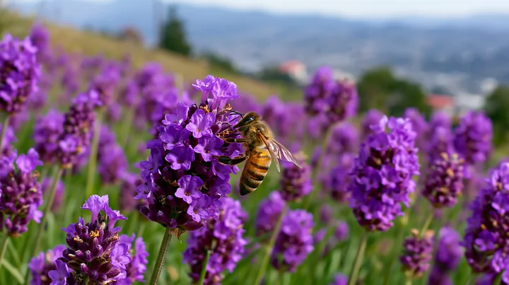 A honey bee is busy collecting nectar on purple lavender flowers in a sunny field.