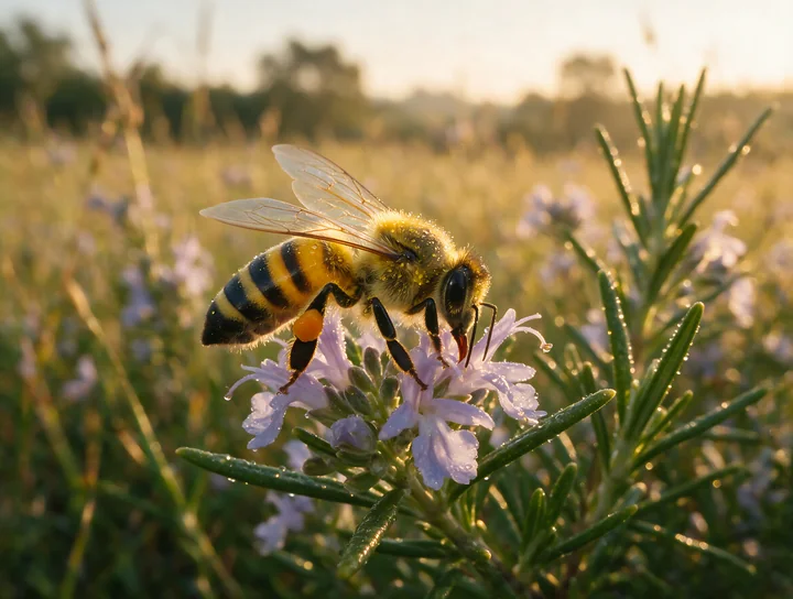 A honey bee on rosemary flower gathers nectar in a field during a warm morning.