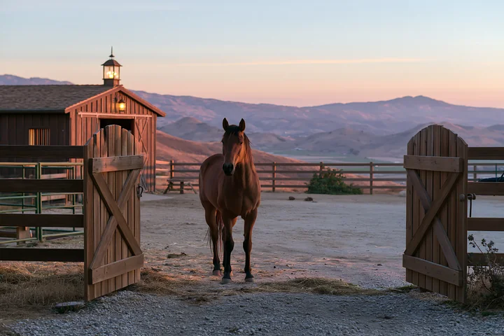 A horse stands at the entrance of a stable as the sun sets behind distant hills.