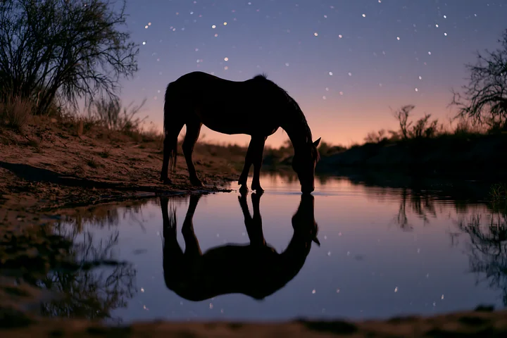 A horse stands by a water source, drinking under a starry sky.