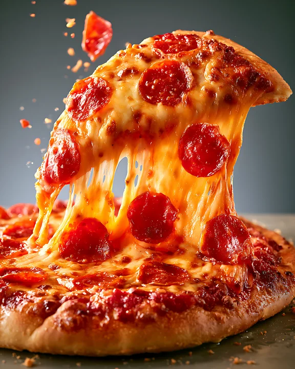 A hot slice of pizza is being lifted, showing gooey cheese and pepperoni on a golden crust.
